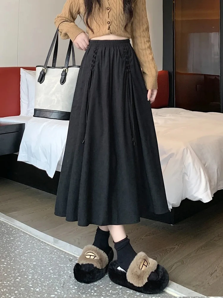 Vintage Corduroy Women Midi Skirts Y2K Autumn Winter High Waist Lace Up Pleated Skirt Ladies Streetwear All Match A Line Skirts
