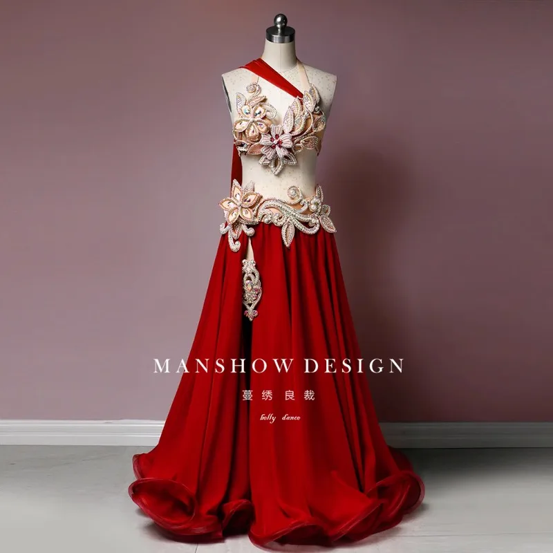 

customized belly dance costume women's new set nude color versatile bra waist seal long skirt set exotic dancewear