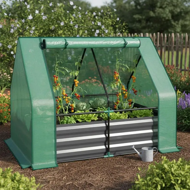 

4 x 3 x 1ft Raised Garden Bed with Mini Greenhouse, Galvanized Raised Garden Bed with Cover, Green and Dark Gray