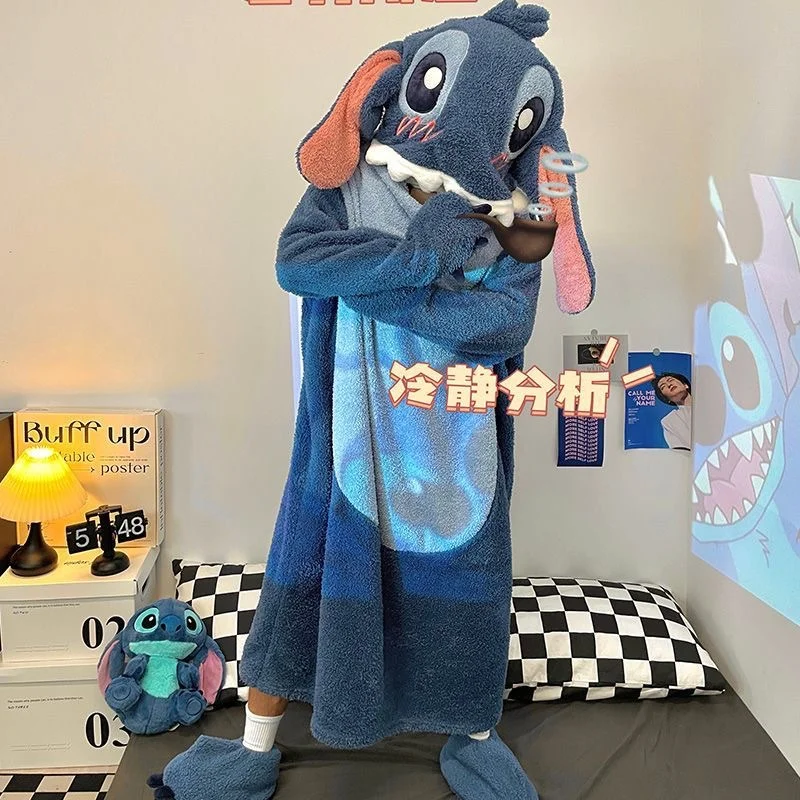 Disney Stitch winter new coral fleece one-piece pajamas women\'s fleece thickened cartoon bathrobe flannel nightgown loungewear