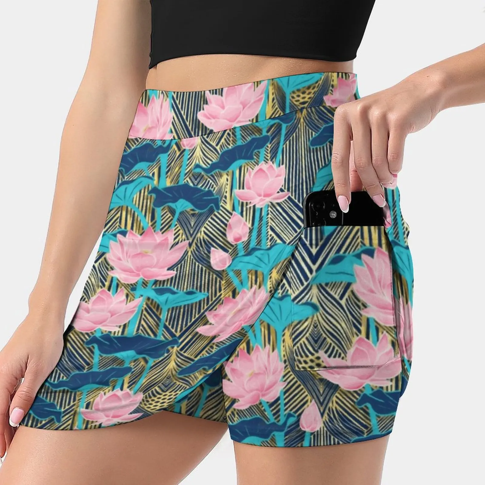 Art Deco Lotus Flowers In Pink & Navy Summer Women's shorts Skirt 2 In 1 Fitness Yoga Skirt Tennis Skirts Lotus Flowers Nouveau