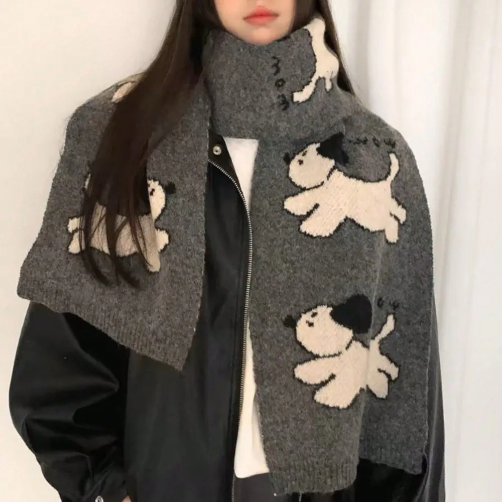 

Модный легкий шарф с рисунком щенка, ветрозащитный шарф из смеси кашемира в корейском стиле, милая теплая вязаная шаль унисекс