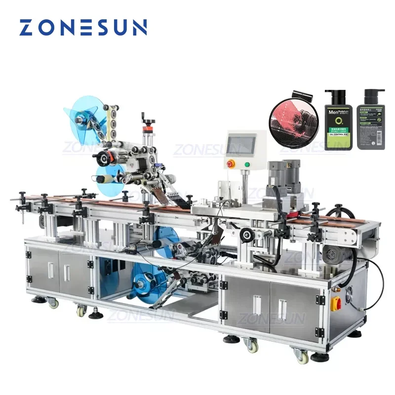 ZONESUN ZS-TB113B Automatic Cosmetic Pressed Powder Box Bottle Labeler Flat Surface Top Bottom Labeling Machine Label Applicator