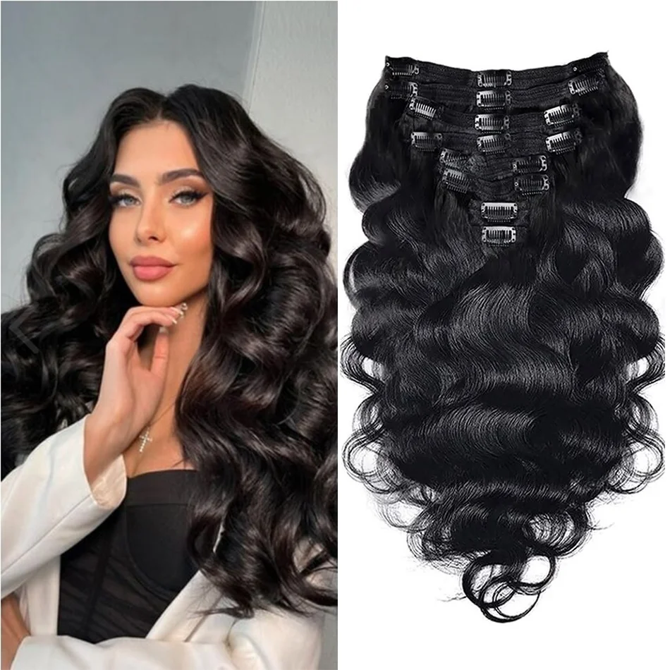 Body Wave Clip In Hair Extensions For Black Women Clip In 100% Human Remy Hair Extensions With Double Weft  For Salon Supply