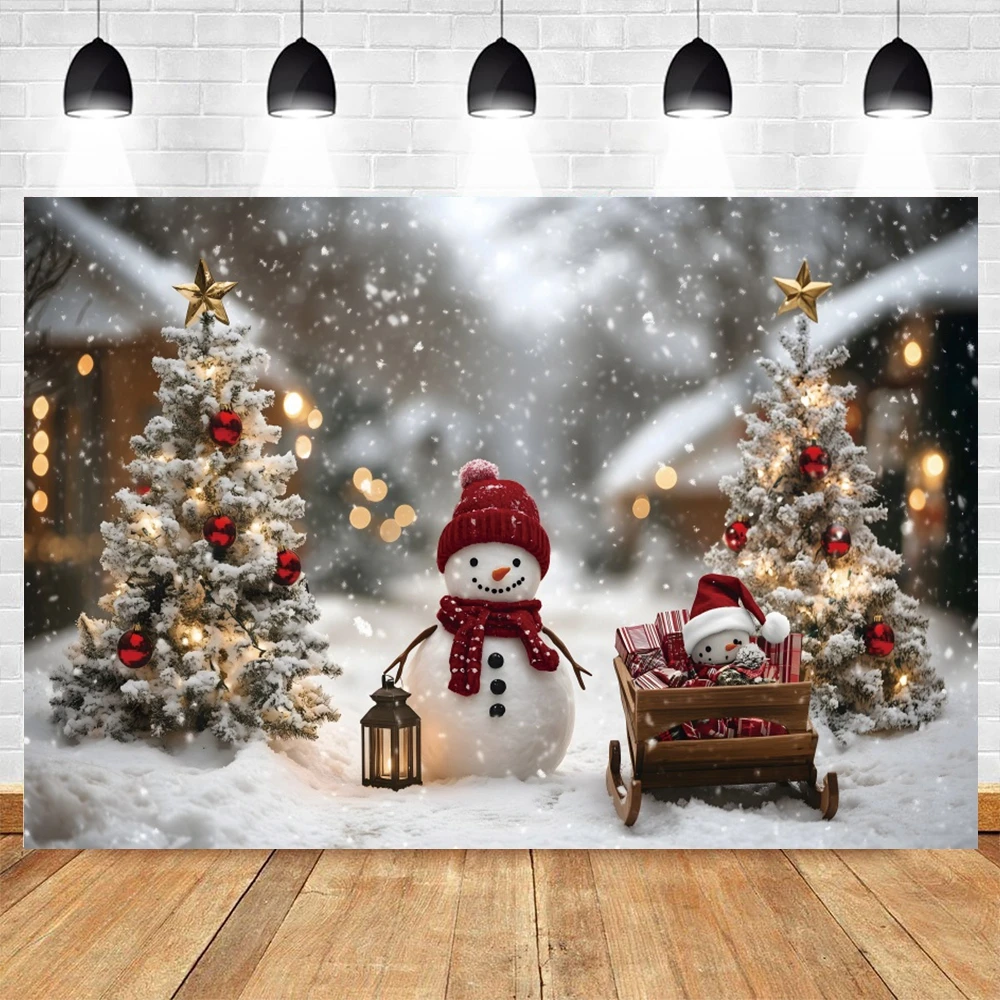 Christmas Snowman Photography Background Winter Forest Path Scene Christmas Tree Kids Adults Portrait Backdrop Photozone Props