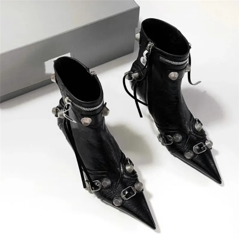 Rivet Woman Short Ankle Boots Black Side Zipper Thin Heel Women Pointed Toe Punk Motorcycle Boot