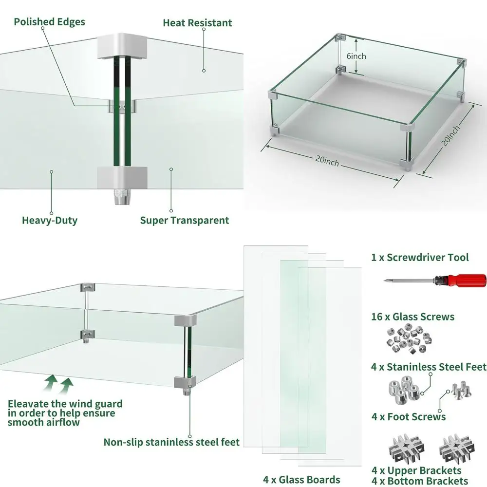

Ветрозащитный экран для квадратных очагов 20x20x6 дюймов, для столиков-очагов 28-32 дюйма, из прозрачного закаленного стекла толщиной 5/16 дюйма