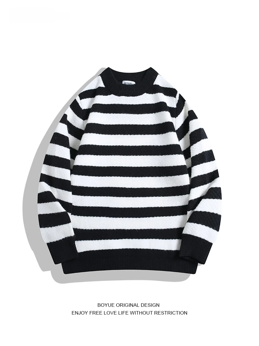 

Boyue American Retro Striped round Ne Sweater Men Women Loose Lazy Sle High End Knitted irt Casual Loose Fit Stripe