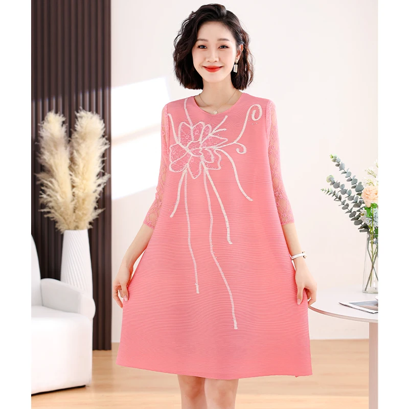 

2024 Spring Fashion New Three Mansion Folded Flower Print Sticking Diamond Chinese Style Dress Short Sleeve Loose Size Dress