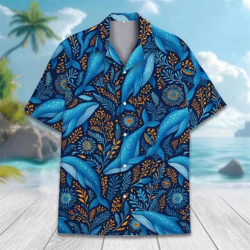 

Vintage Fashion Hawaiian Men's Short Sleeve Shirt Whale Spray Print Beach Lapel Top 2026 New Large Size Casual Women Blouse Tops