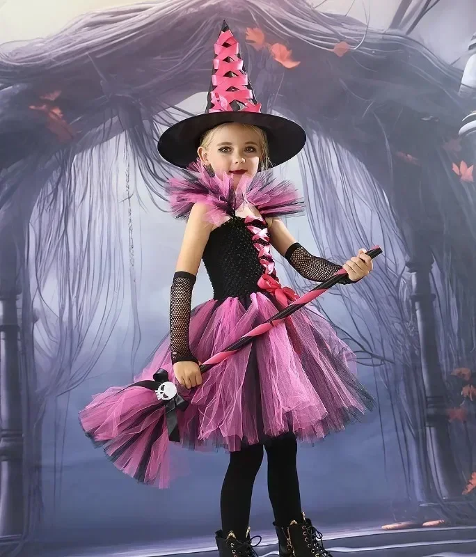 Halloween Hexen-Kostüm für Mädchen, Cosplay-Tutu-Kleid mit Hexenhut und Besen für Karneval, Kostümparty und Aufführung – Detail 8