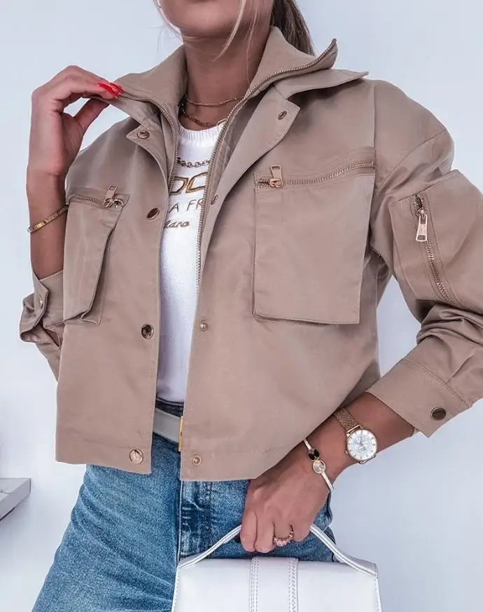 Women's Jackets Daily Clothing Autumn & Winter Cargo Pockets Button Front Crop Jacket Female Casual Thread Collar Windproof Coat