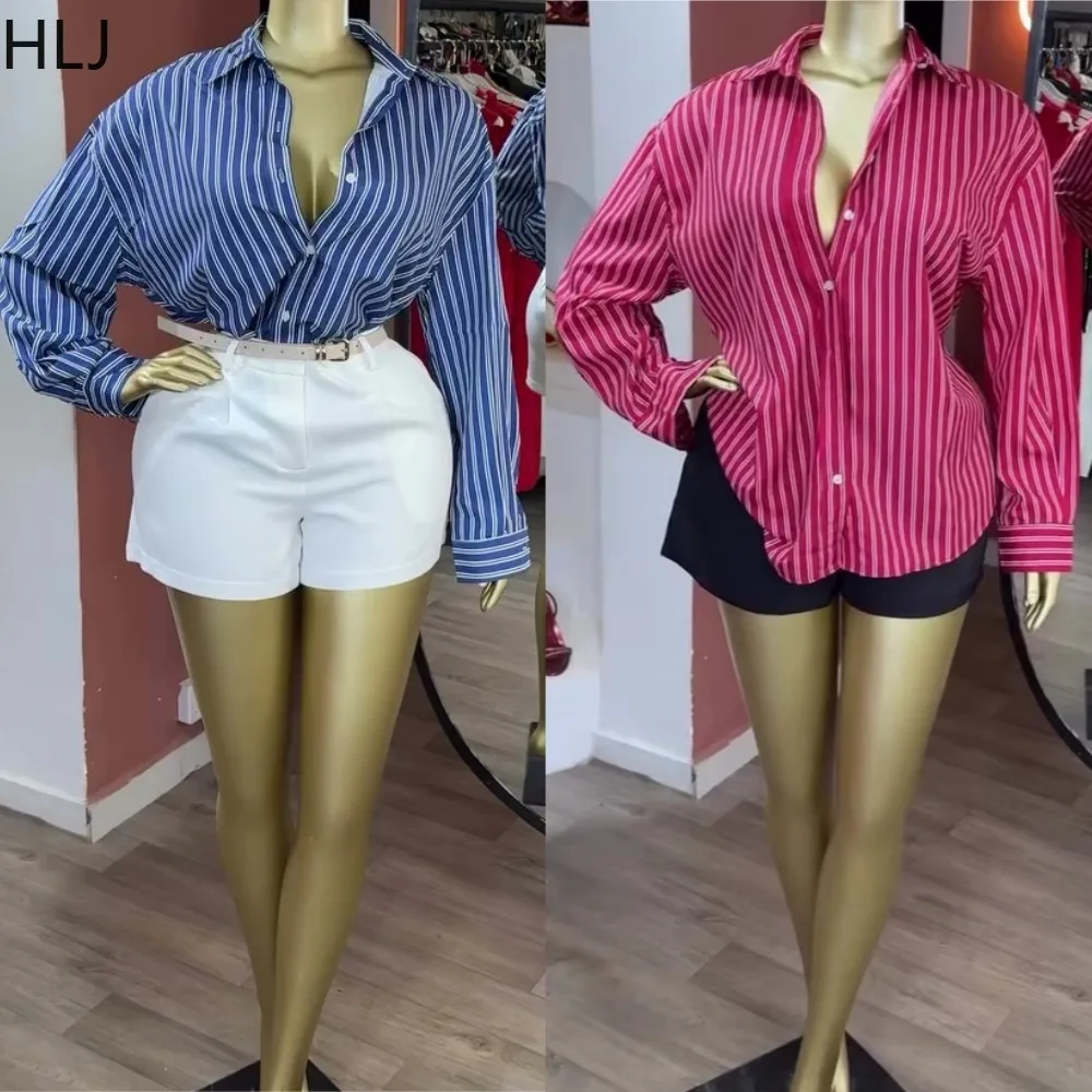 HLJ Elegant Vertical Striped Button Up Blouse Women Long Sleeve Collared Shirt Business Office Work Casual Daily Fashion Top New