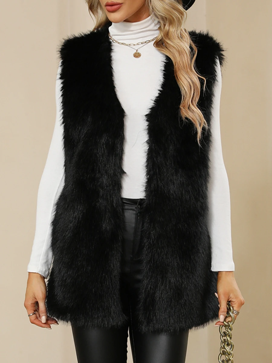 Women Winter Warm Fuzzy Long Vest Sleeveless Jacket Button Closure Solid Color Furry Vests Female Spring Outwear Punk Streetwear