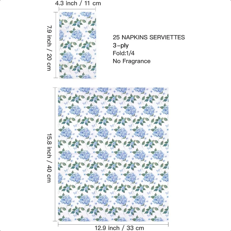 ผ้าเช็ดปากลายดอกไฮเดรนเยีย 25 ชิ้น ผ้าเช็ดมือ 3 ชั้น สำหรับห้องน้ำ งานแต่งงาน งานเลี้ยงฉลองทารก งานเลี้ยงน้ำชา งานเลี้ยงในสวน งานวันเกิด