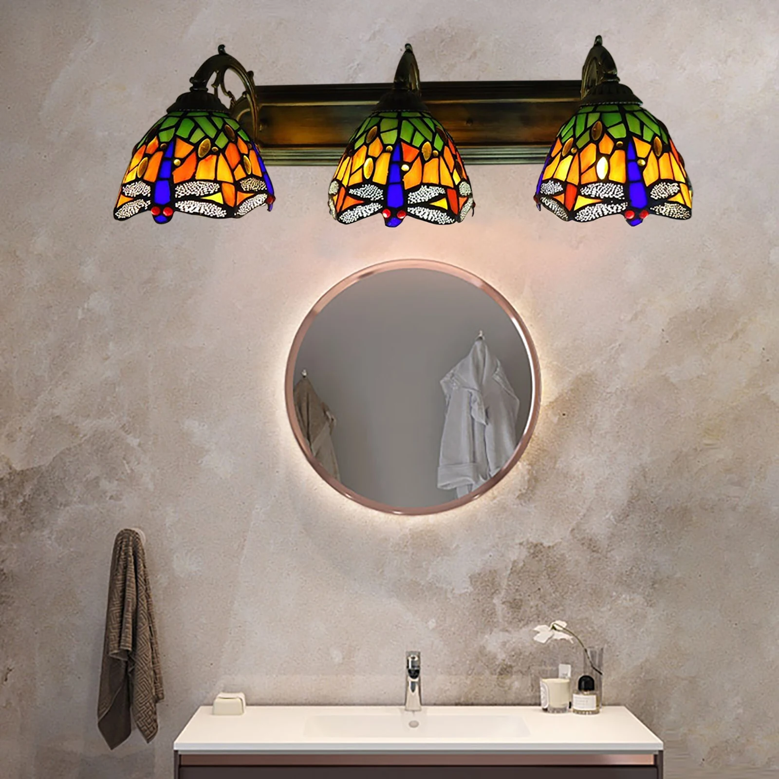 

Retro 3-Light Handcraft Stained Glass Vanity Lighting Wall Sconces Fixture Dragonfly Shades for Bathroom Home Lighting Decor