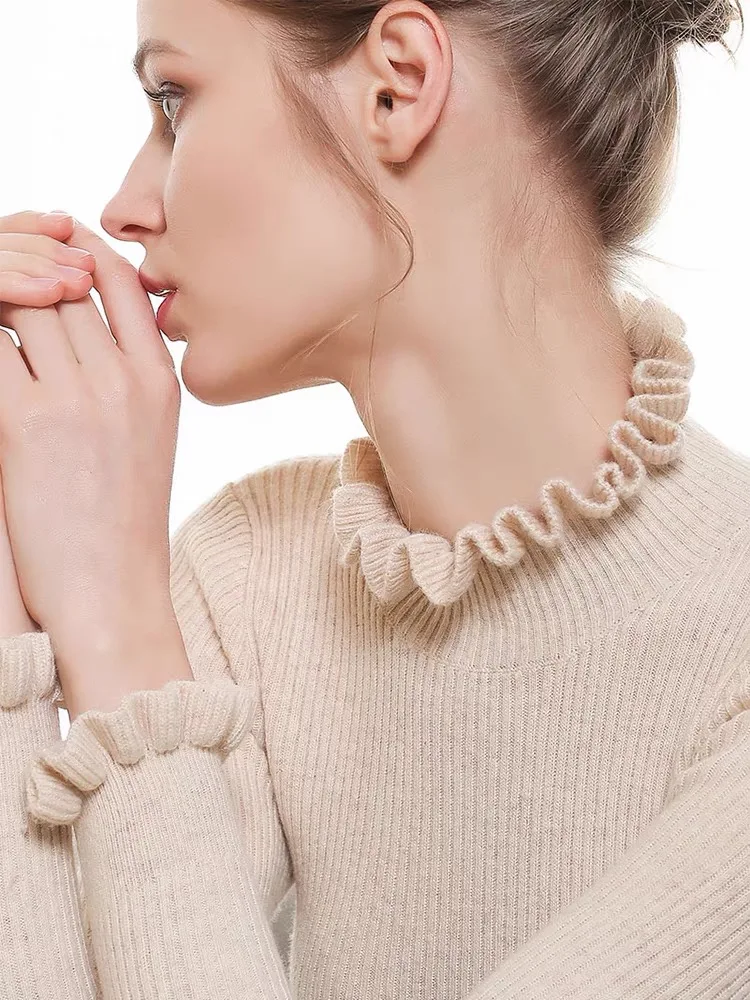 Suéter elástico elegante para mujer, Tops cálidos con volantes, cuello alto, Jersey DELGADO, nuevo, encantador, Otoño e Invierno