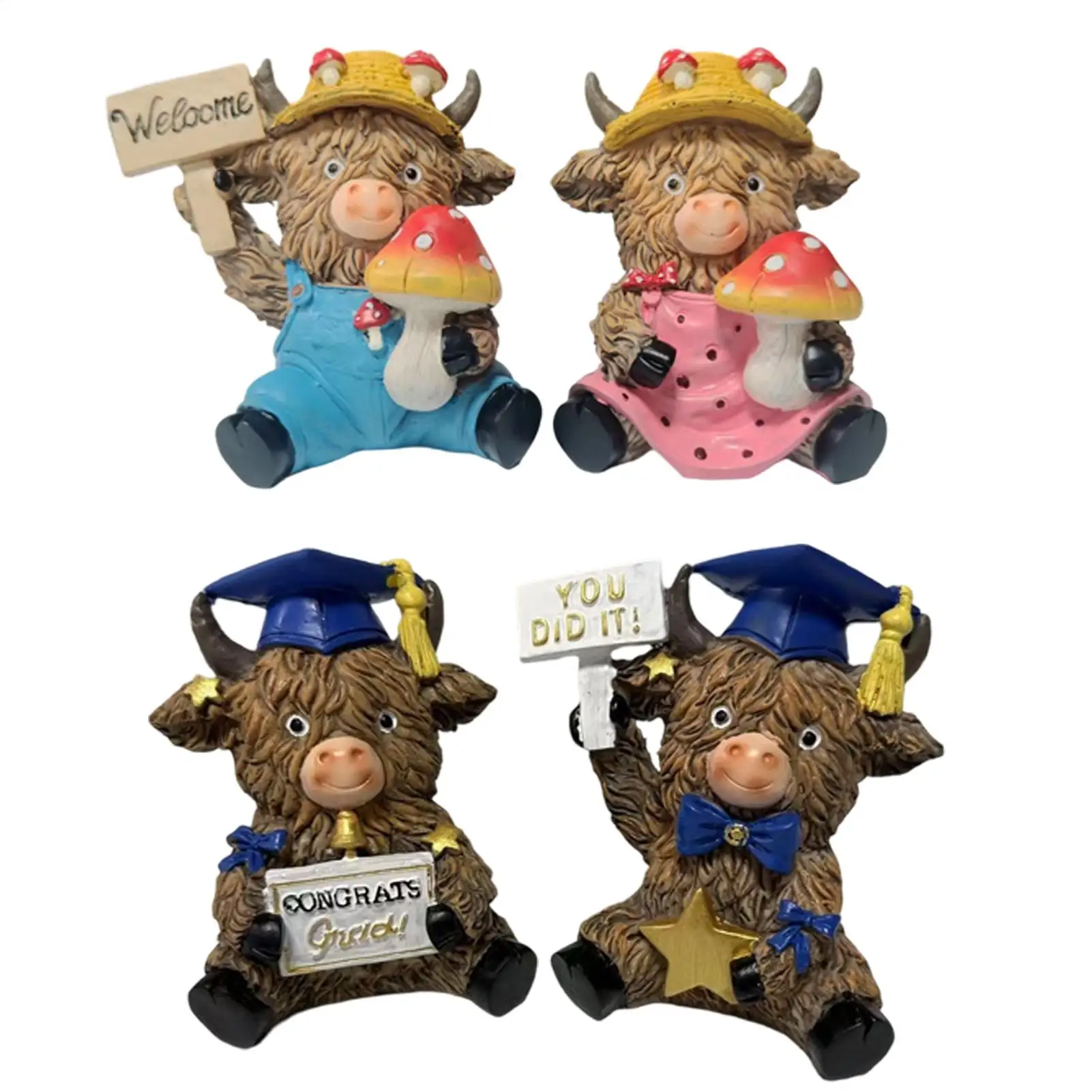 Graduation Highland Cow Resin Ornament 2 Pieces Resin Cute Mushroom Cow Farmhouse Decorations Cow Garden Desktop Decor