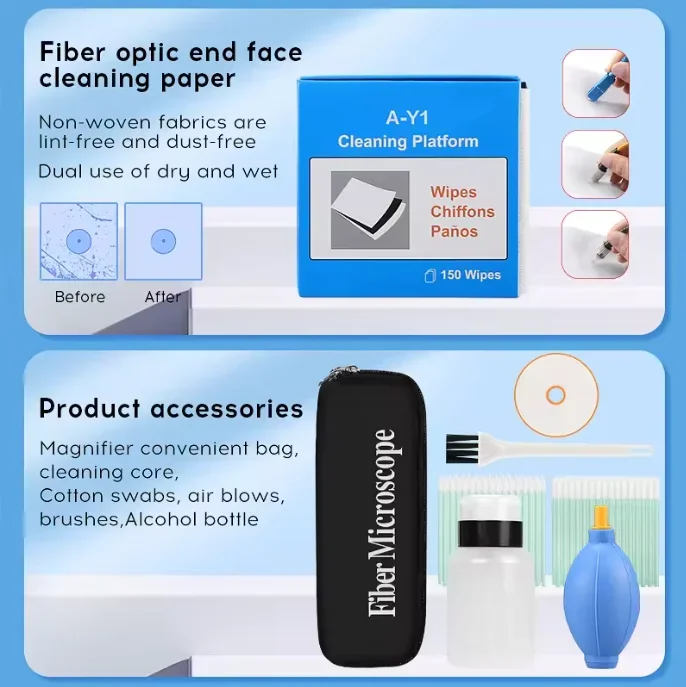 مجموعة أدوات اختبار الوجه لنهاية مكبر الصوت من FTTH تستخدم أداة تنظيف فحص الألياف الضوئية مع قلم تنظيف وصندوق