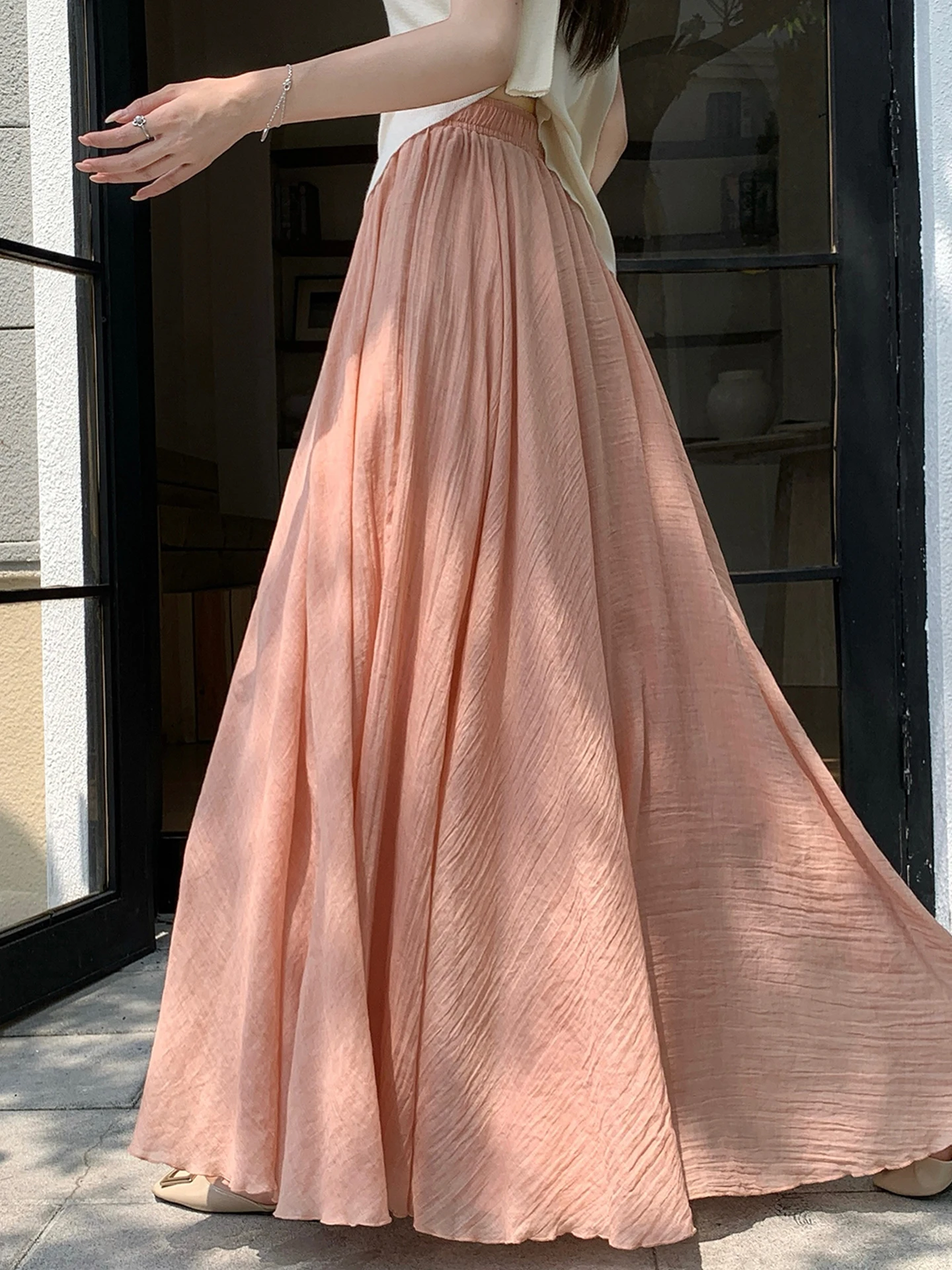 

Ice Silk Cotton Linen Yamamoto Half Skirt Women's Summer Lightweight Breathable Pleated High Waist Slimming Maxi Skirt