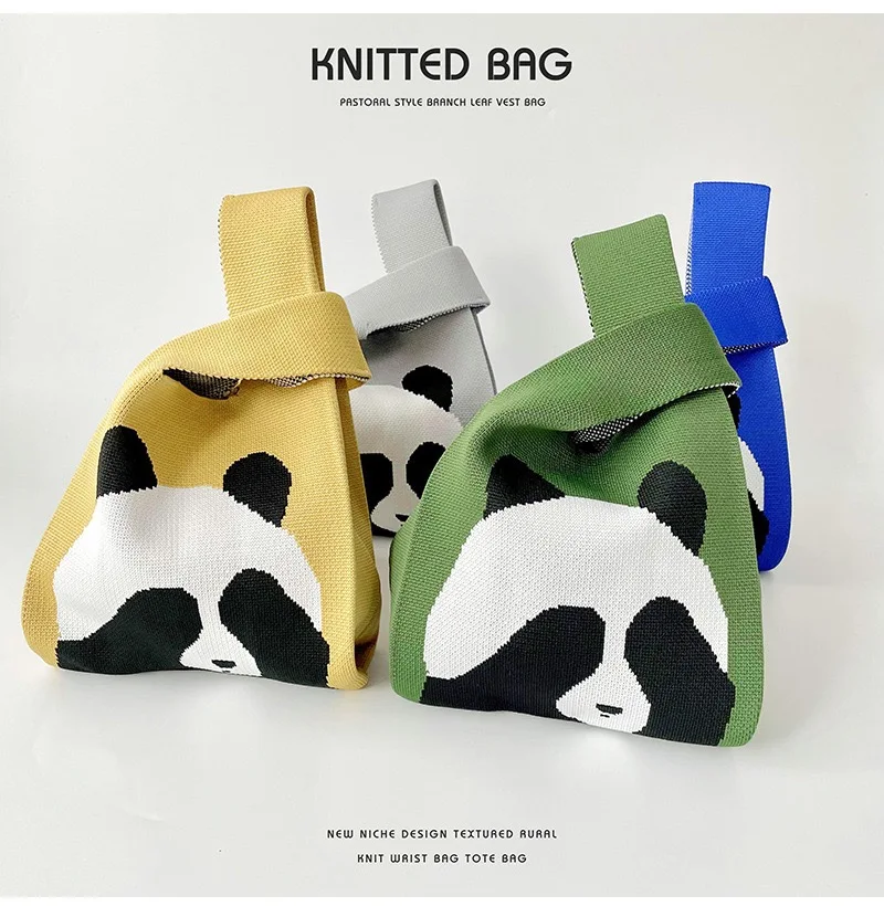 cartoon Panda Handbag Women Mini Knot Wrist-bag Female Casual Color Wide Stripe Plaid Tote Bag Student Reusable Shopping Bag