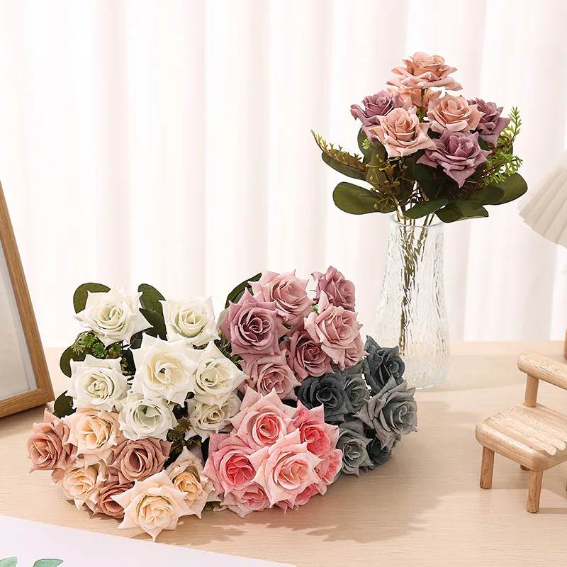 

33CM7 Head Single Oil Painting Autumn Corner Rose Artificial Flower Hotel Wedding Home Decoration Photo Props Flower Arrangement