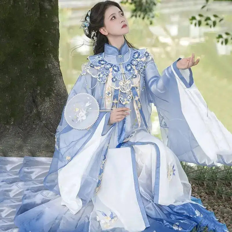 Bimonthly[Lan Jin Luo]New Hanfu Women's Ming Dynasty Style Mamian Skirt Heavy Embroidery Cloud Shoulder Stand Collar Shirt For
