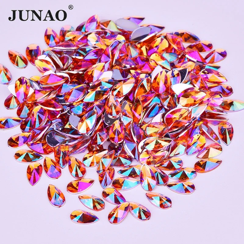 JUNAO 8x13mm Orange AB Acrylic Non Hot Fix Rhinestones Drop Shape Crystal Strass Flatback Glue On Stones Nail Art Decorations