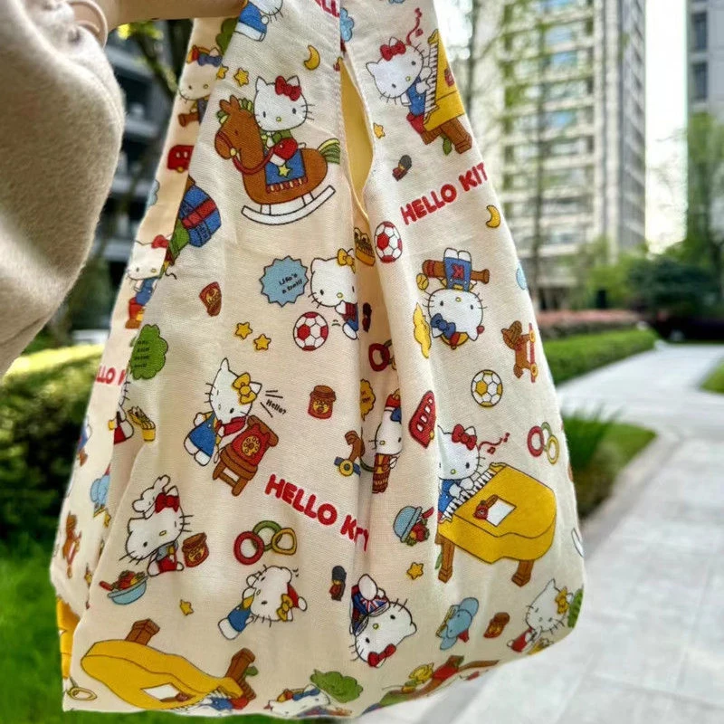 2024 New Hello Kitty Canvas Handbag Kawaii Sanrio Anime Cartoon Shoulder Bag Large Capacity Student Book Storage Bag Girl Gifts