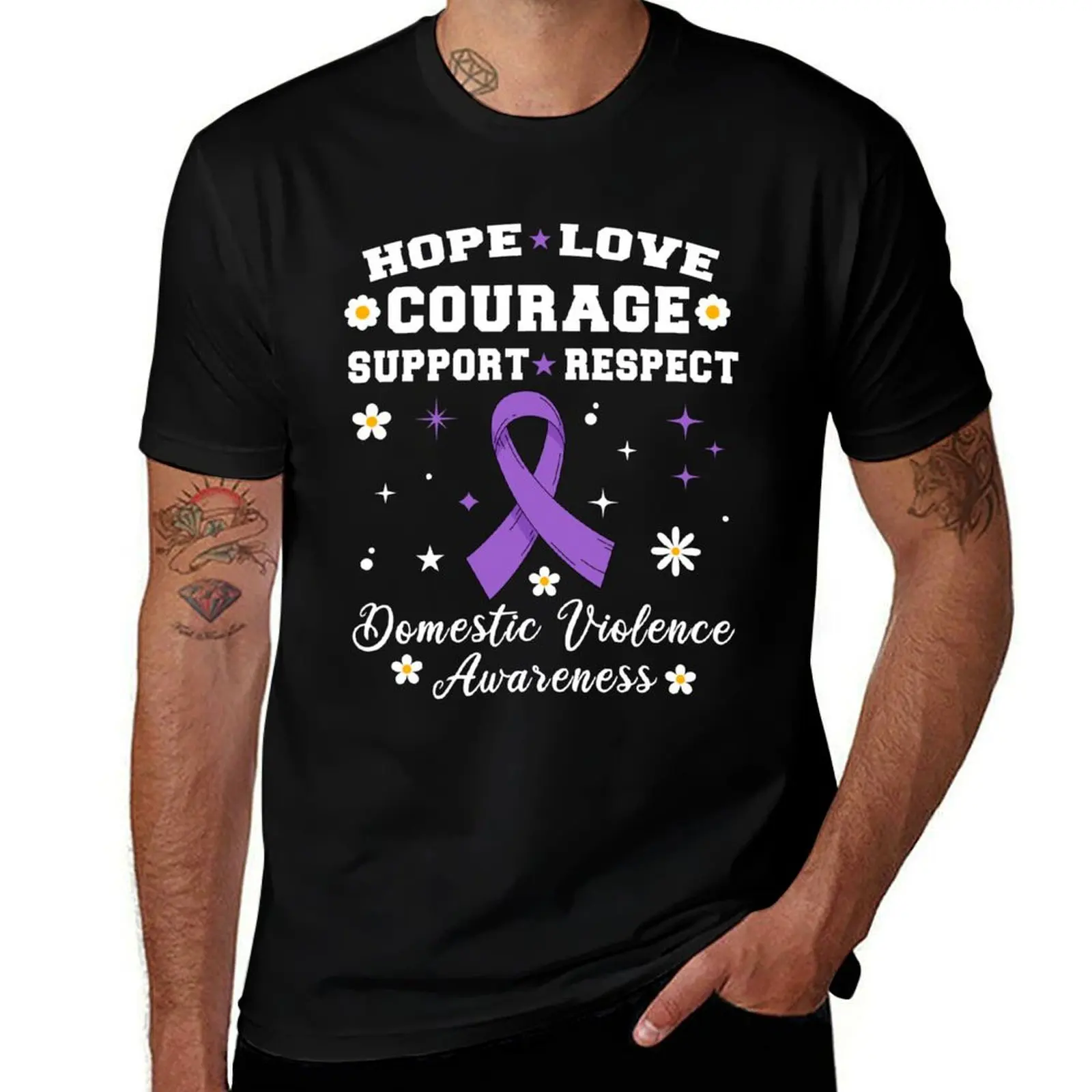 

man Awareness funny Ribbon Domestic T-Shirt Support humor Violence dark T-Shirt Love shirt Purple t shirts t luxury