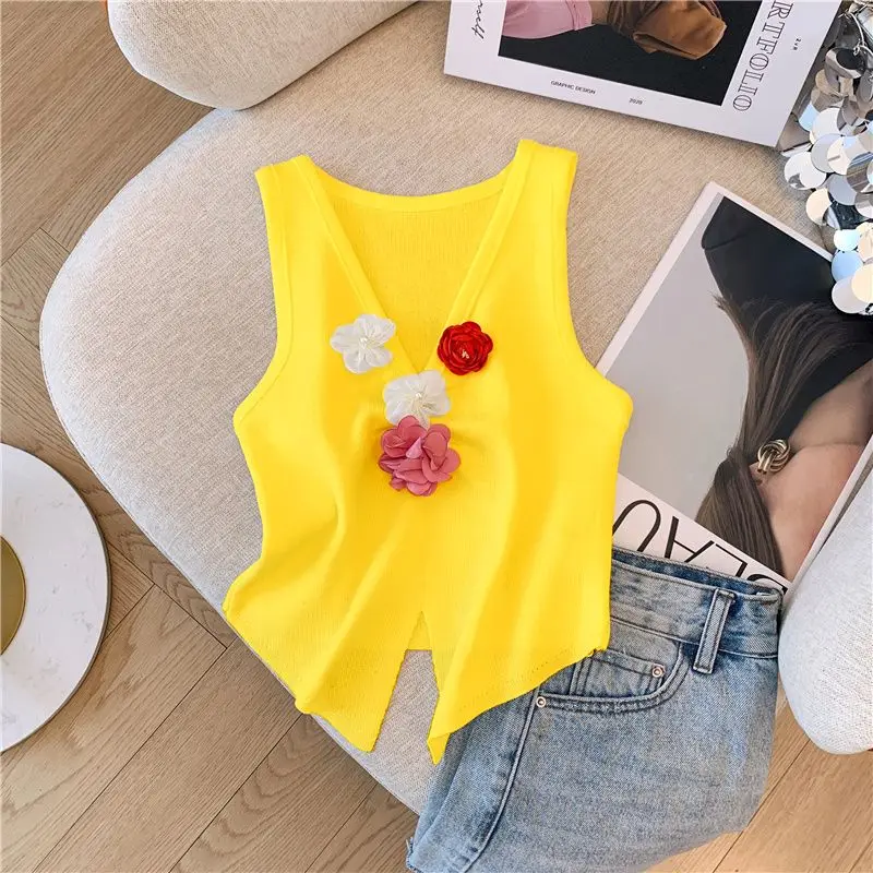 Dopamine Flower Splicing Knitted Vest Women\'s Summer Hem Irregular Split Ends Chic Niche Sleeveless V-neck Top