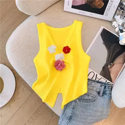 Dopamine Flower Splicing Knitted Vest Women's Summer Hem Irregular Split Ends Chic Niche Sleeveless V-neck Top