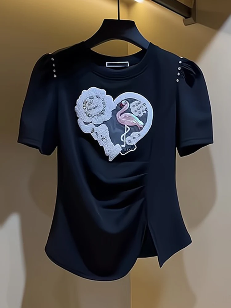 

Летняя женская футболка с круглым вырезом и коротким рукавом, с объемной вышивкой, универсальная, в корейском стиле, для повседневной носки, модная, больших размеров
