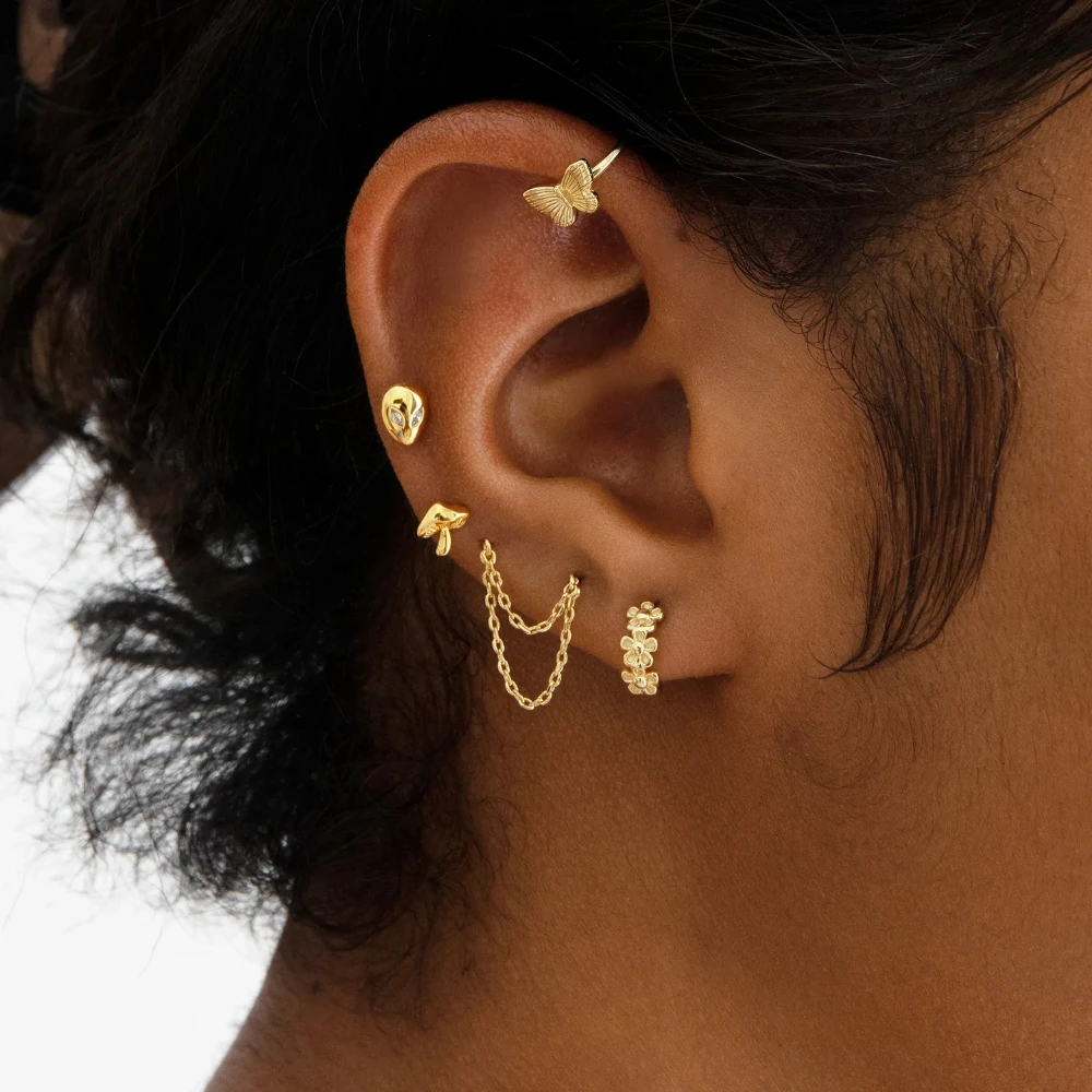 ROXI S925 Sterling Silver Earring Irregular Double Layer Chain Tassel Ear Stud Earrings For Women Men Punk Simple Daily Jewelry