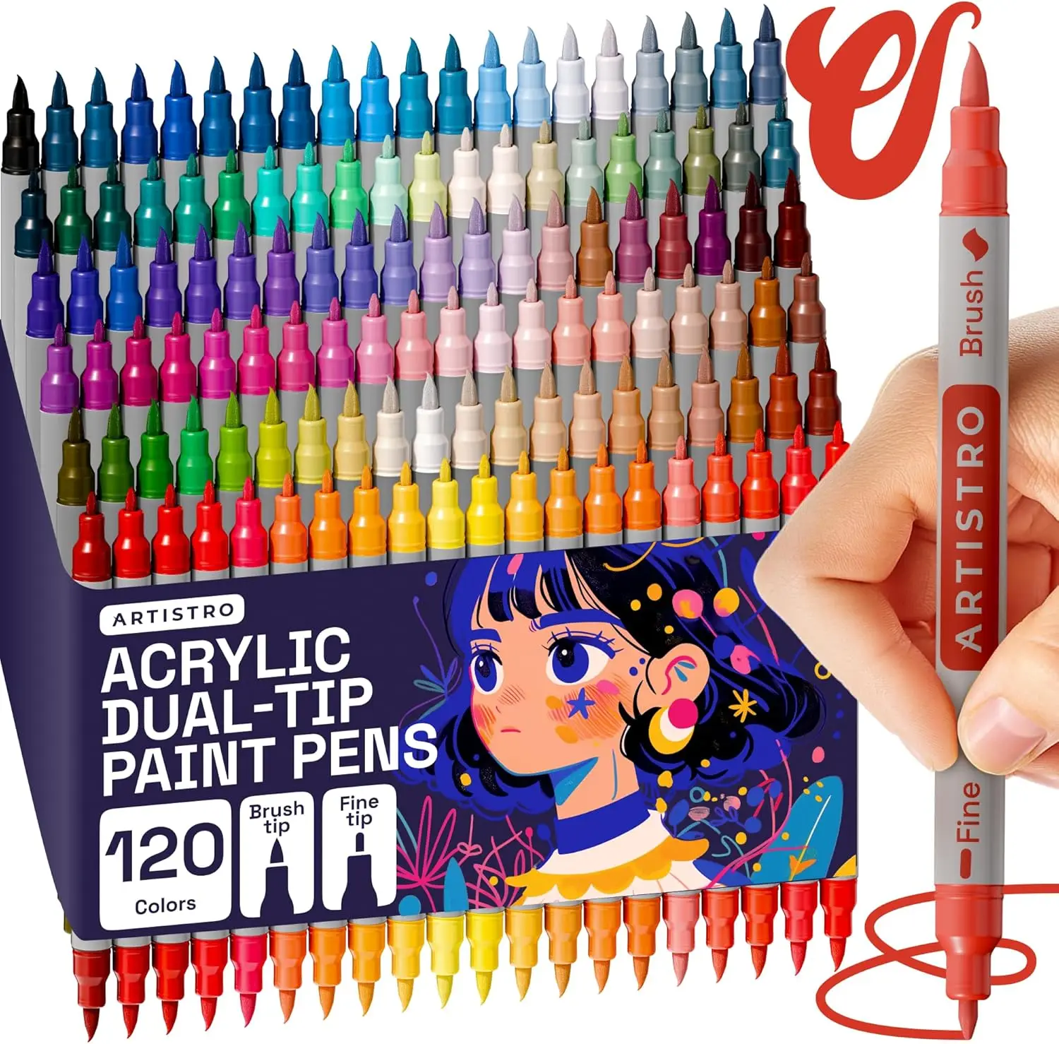 

120 Acrylic Paint Markers with Brush & Fine Tips for Fabric, Rock, Glass, Wood DIY Art Crafts - Adults Teens Kids