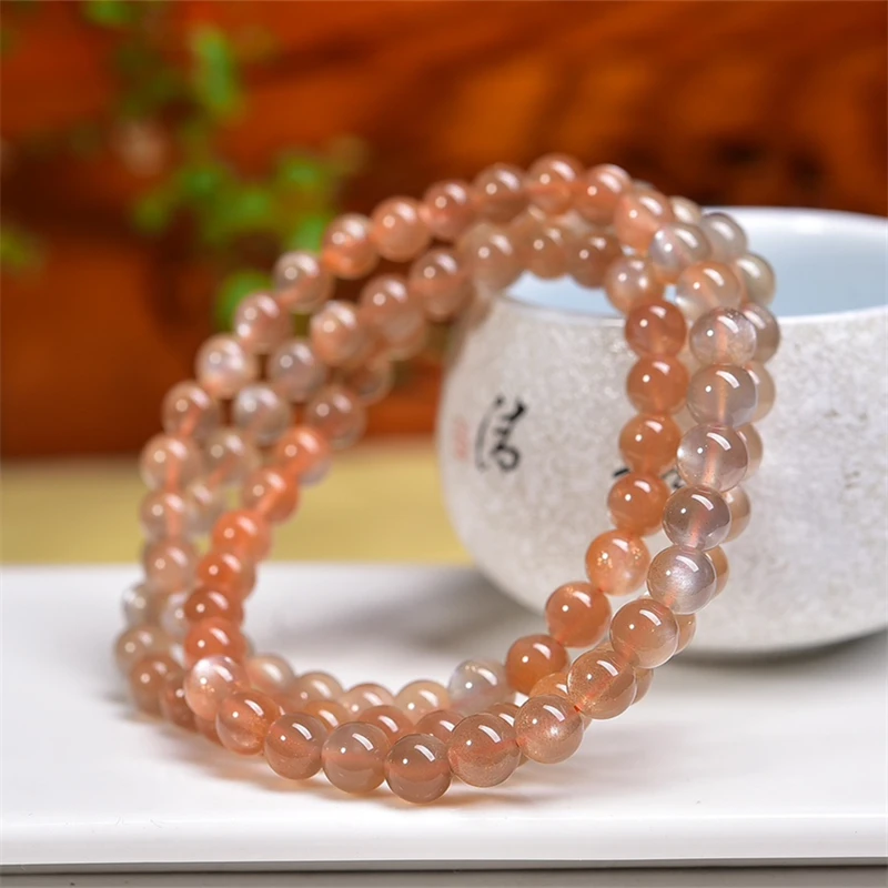 6MM Natural Sunstone Triple Circle Bracelet Smooth Gemstone Reiki Healing Jewelry Energy Crystal Holiday Gift 1PCS