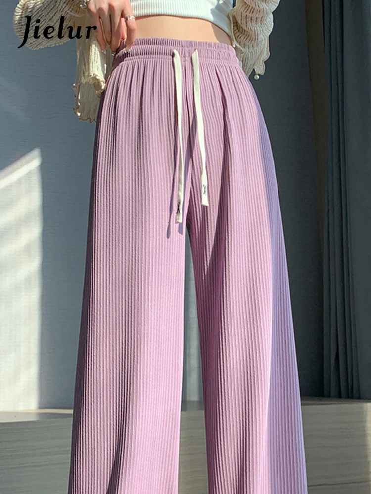 

Jielur Purple High Waist Loose Women's Pants Office Ladies Solid Color Slim Full Length Straight Summer Female Wide Leg Pants