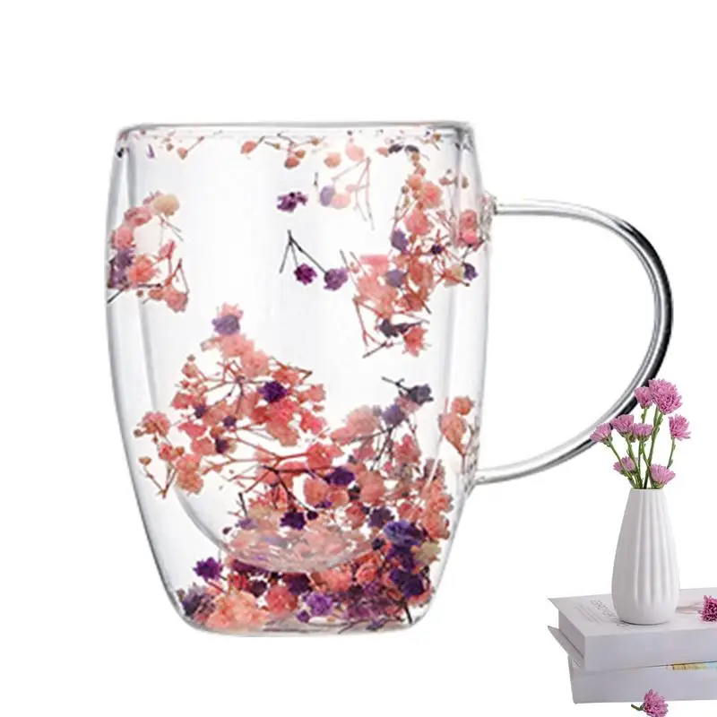 Dried Flower Double Walled Glass Mug Floral Dry Flowers Cup Decorative Creative Flower Mug Coffee Mug with Dry Flowers