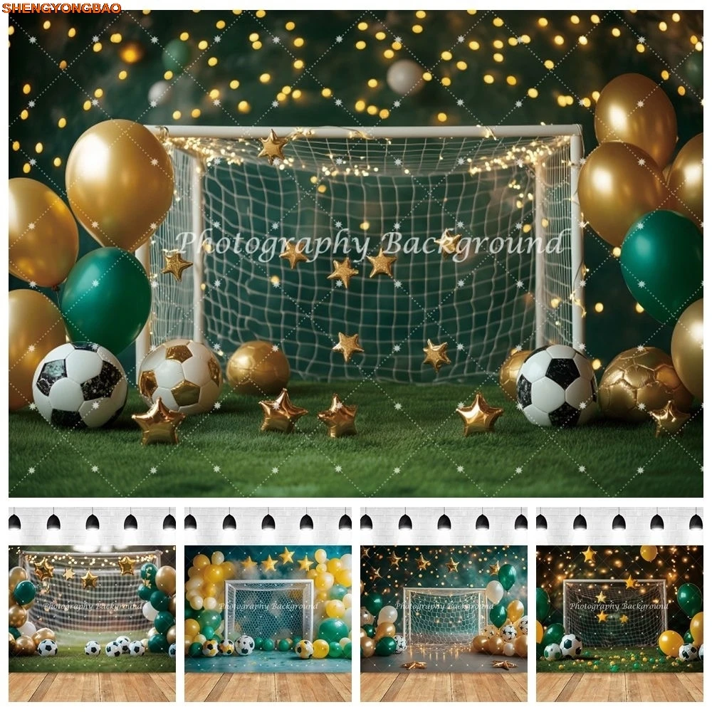 

Football Theme Boy 1st Birthday Party Backdrop Balloons Soccer Field Goal Baby Shower Cake Smash Portrait Photography Background