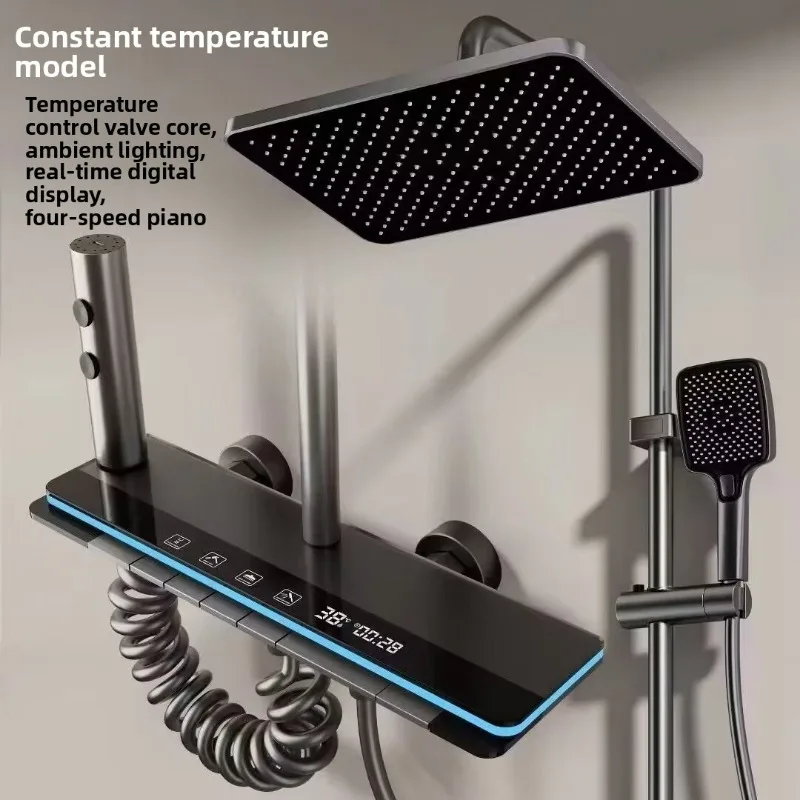 New Model Shower System Home Thermostatic Hot Cold Piano Key Control Bathroom Rain Shower Boost Copper Shower Set Bathroom