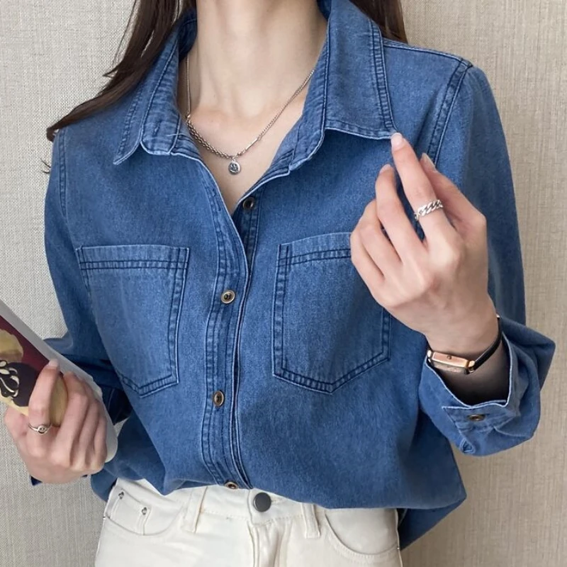 Jeans Shirts Women Blue Blouses Lady Tops Cotton Long Sleeve Blusas Blue Pockets Loose Female Clothing Jeans Shirts All Season