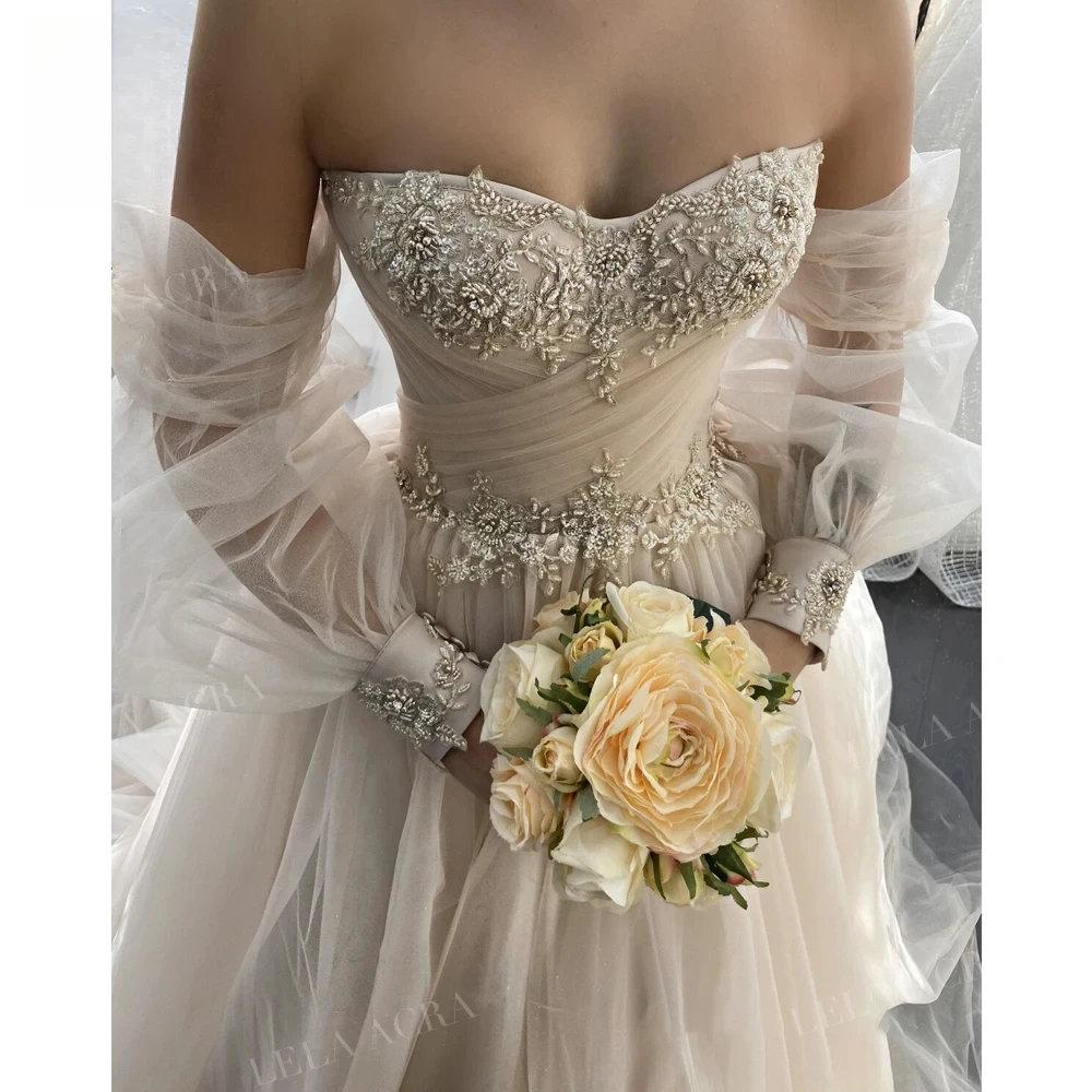 Abiti da sposa da spiaggia Romantico staccabile manica lunga Tull Lace-Up A-Line Abito da sposa Principessa Plus Size Sweep Train Realizzato su misura