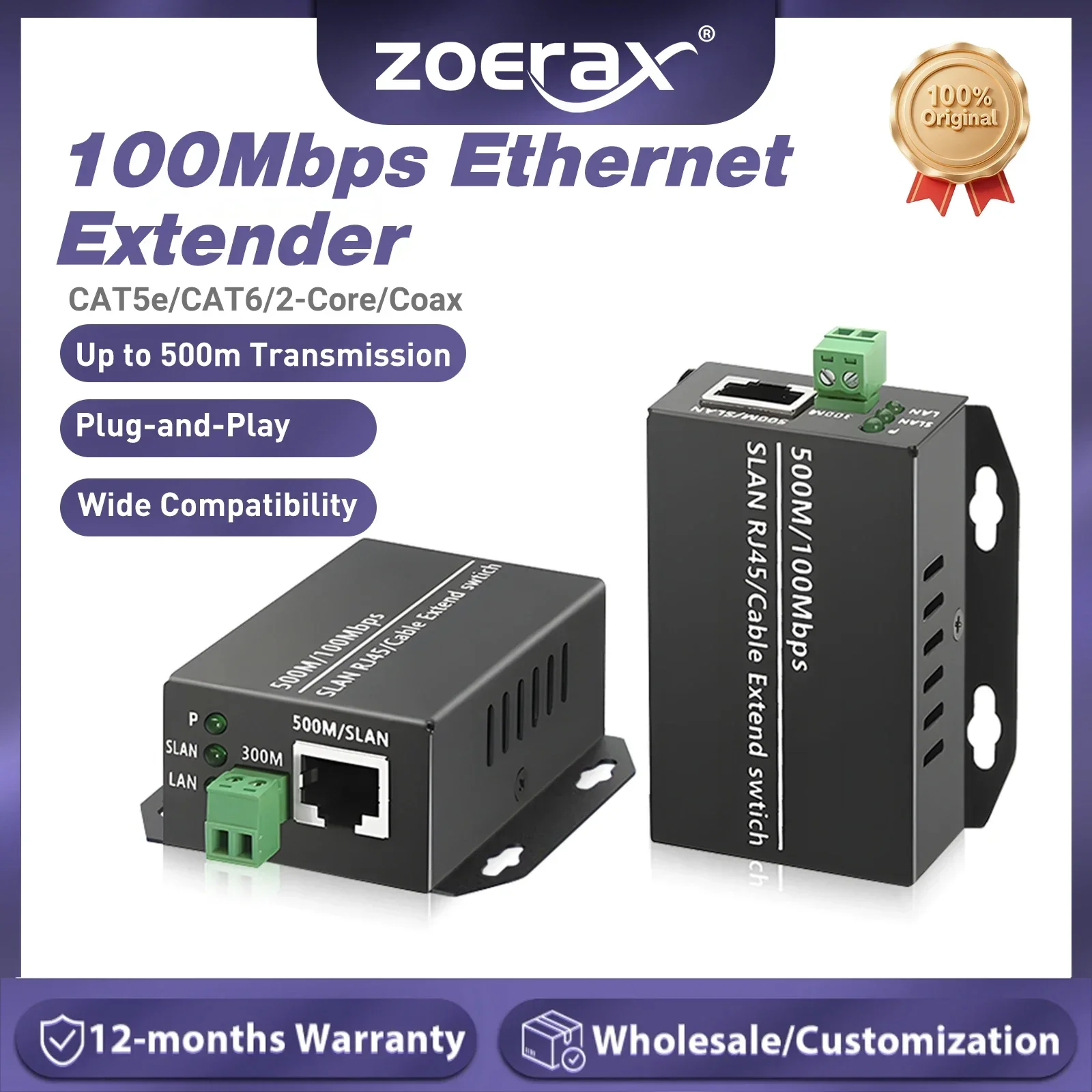 

ZoeRax Cat5e Cat6 Ethernet Extender 100Mbps Network Repeater 2-Core/Coax Cable Twisted Pair Repeater for IP Camera Switch