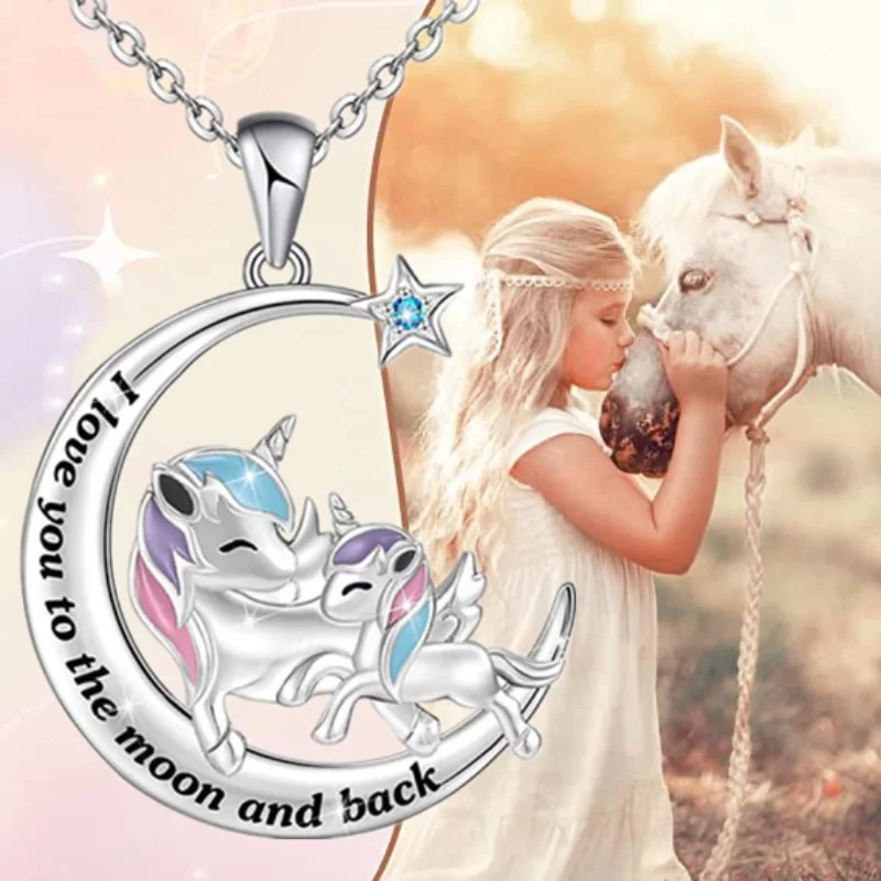 Fashion Women Unicorn Necklace Moon Star Zircon Pendant Engagement Necklaces for Women Animal Jewelry Birthday Anniversary Gift