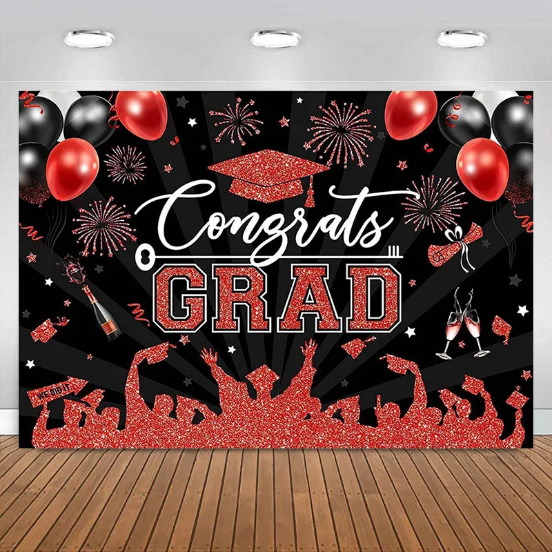 Graduation Prom Class of Backdrop Congrats Grad Party Decorations Red and Black Photography Background Celebration Party Banner