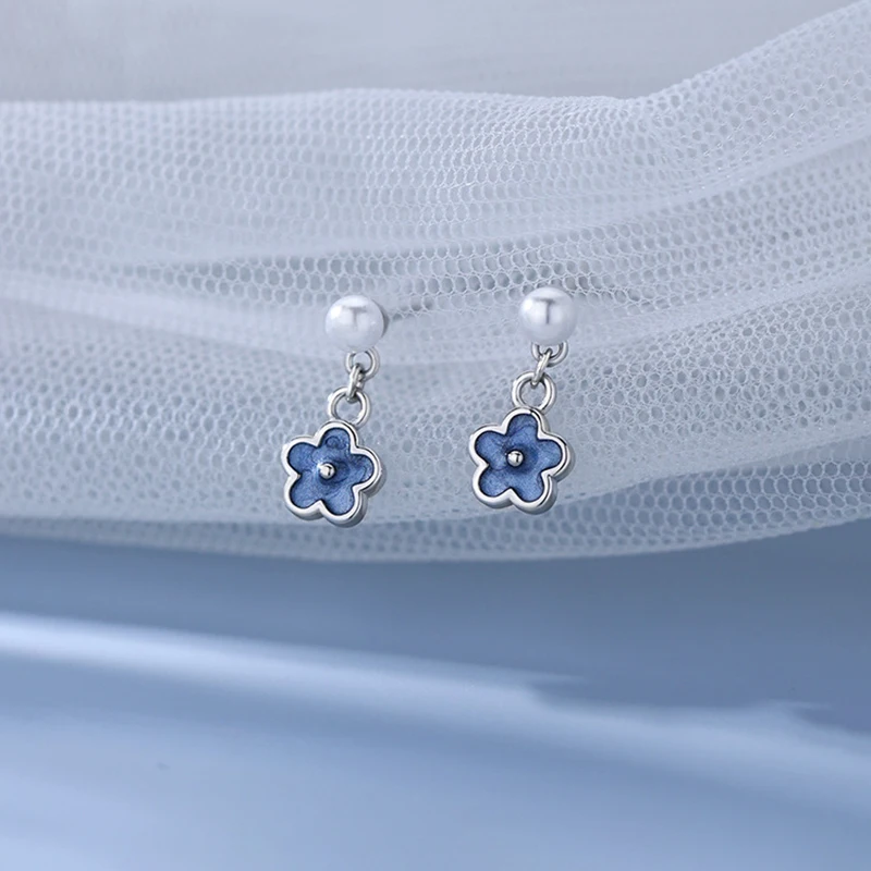 Real 925 Sterling Silver Pearl 14K Gold Blue Flower Pendant Stud Earrings For Women Cute Fine Jewelry Light Luxury Accessories view 6
