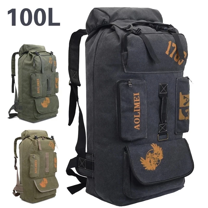 100L Hiking Camping Backpack Canvas Outdoor Mountaineering Bag Men Tactical Travel Hunting Rucksack Fishing Camping Equipment