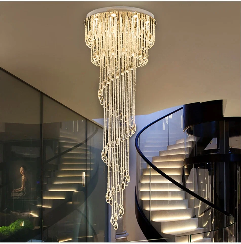 Modern Double Spiral Staircase Lustre Crystal Ceiling Chandelier Loft Restaurant Hotel Hall Long Illumination Lights