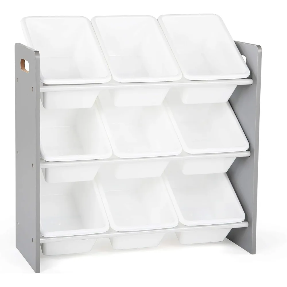 

3-Tier Kids Toy Organizer with 9 Removable Bins, Grey Wood & White Plastic Storage for Playrooms
