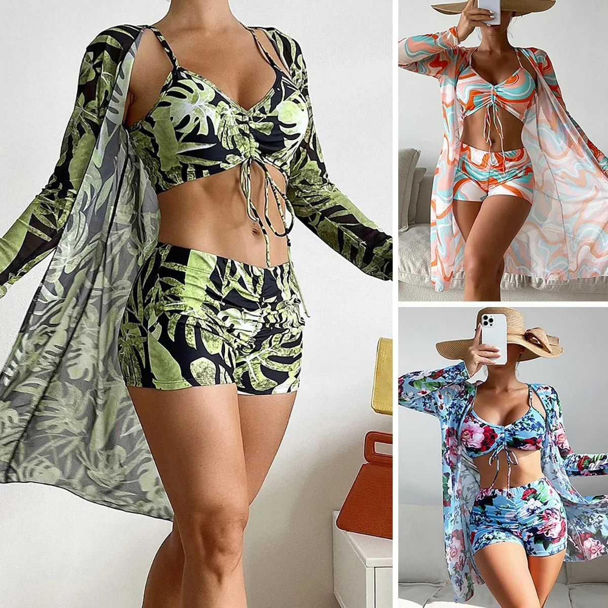 Fashion 3 Piece Swimsuit with Mesh Long Sleeve Cover Up Drawstring Bikini Set Push Up High Waisted Bathing Suit Women Beach Wear